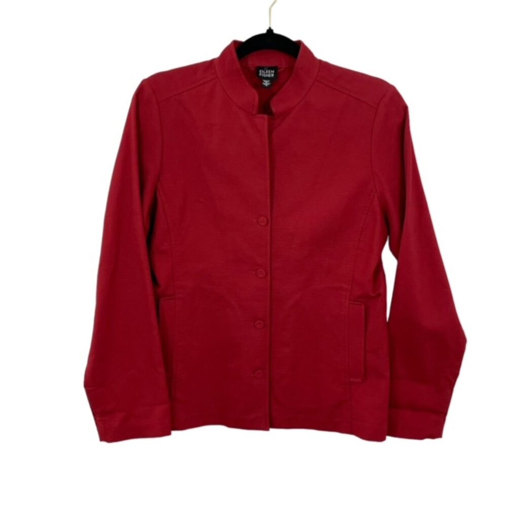 Eileen Fisher Twill Button Front Band Collar Jacket‎ Size SMALL Red/Orange